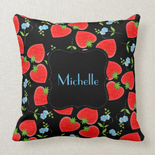 Monogrammed Red Strawberries and Blue Forgetmenots Cushion