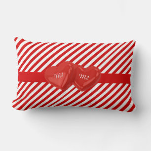 Monogrammed Red Striped Pattern with Hearts Lumbar Cushion