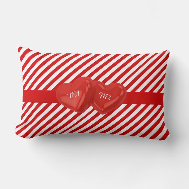 Monogrammed Red Striped Pattern with Hearts Lumbar Cushion (Front)