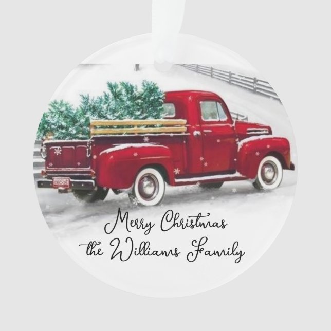 Monogrammed Red truck Christmas Acrylic Ornament (Front)