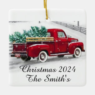 Monogrammed Red truck Christmas Acrylic Ornament
