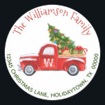 Monogrammed  Red Truck Return Address Christmas Classic Round Sticker<br><div class="desc">This and festive Christmas sticker is perfect as a return address label for the back of the matching envelopes! Sticker features your monogram on the door of a rustic vintage red truck and your name and return address in fun red and green hand lettered typography. Sticker can be easily personalised...</div>