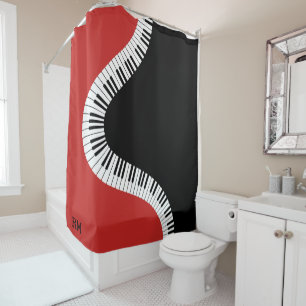 Monogrammed red white and black piano design shower curtain