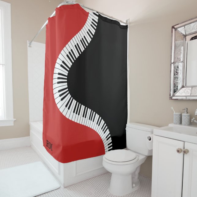 Monogrammed red white and black piano design shower curtain (In Situ)