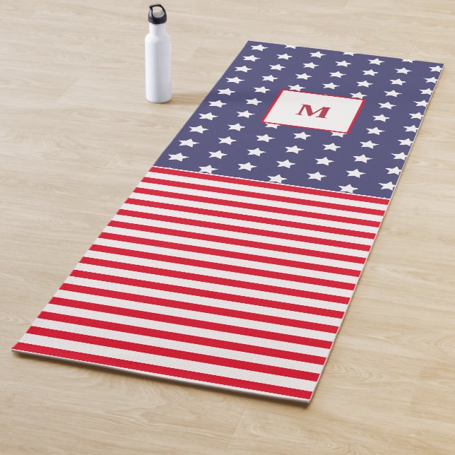 Monogrammed Red White and Blue American Flag Yoga Mat (In Situ)