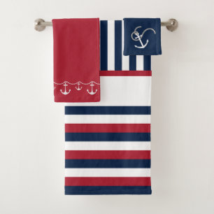 Monogrammed Red, white and blue stripe Nautical Bath Towel Set