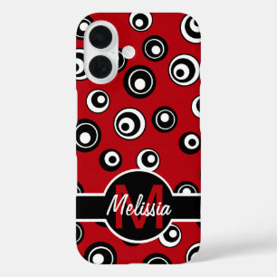 Monogrammed red,white black circle pattern iPhone 16 case