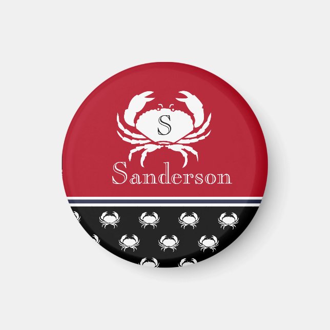 Monogrammed Red White Black Crab Nautical   Magnet (Front)