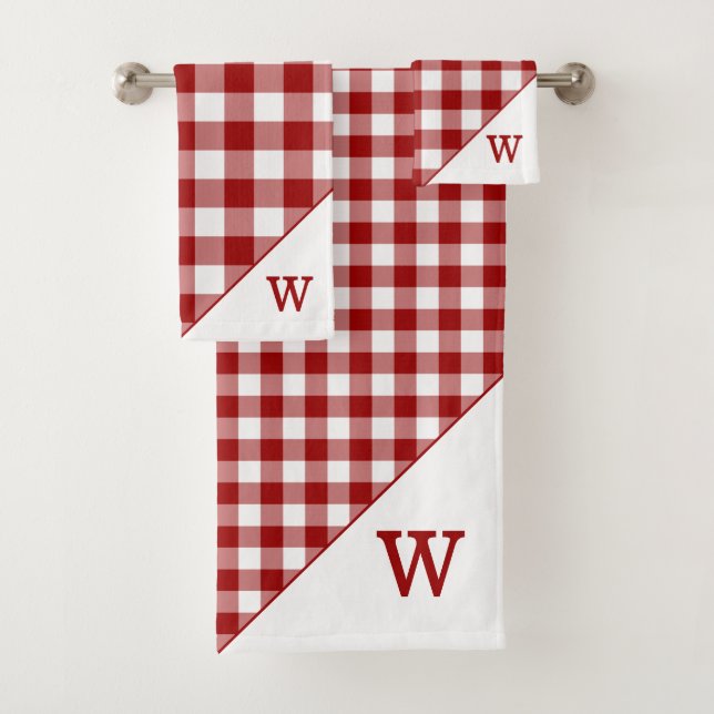 Monogrammed Red White Buffalo Plaid Pattern Bath Towel Set (Insitu)