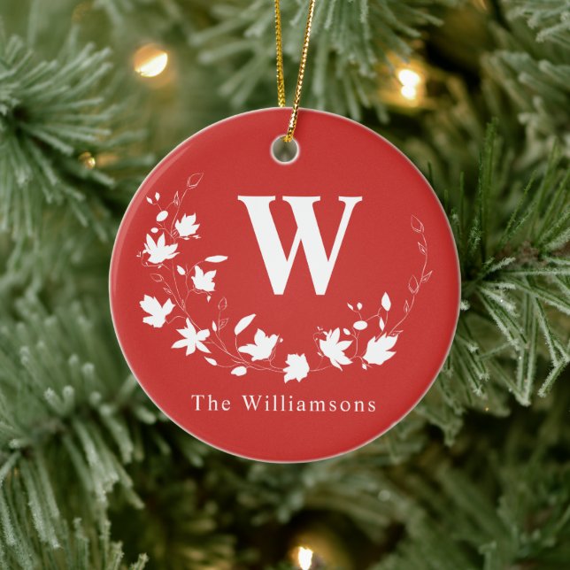 Monogrammed Red White Floral Wreath Christmas  Ceramic Ornament (Tree)
