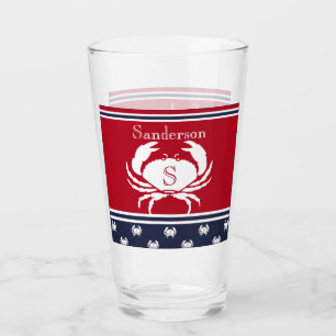 Monogrammed Red White Navy Blue Crab  Glass