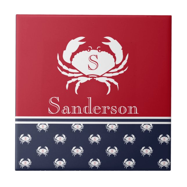 Monogrammed Red White Navy Blue Crab Nautical   Ceramic Tile (Front)