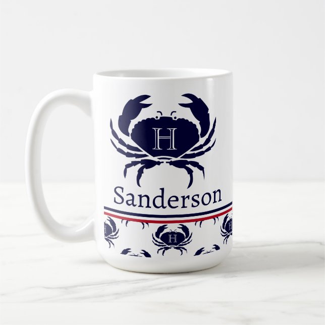 Monogrammed Red White Navy Blue Crab Nautical Coffee Mug (Left)