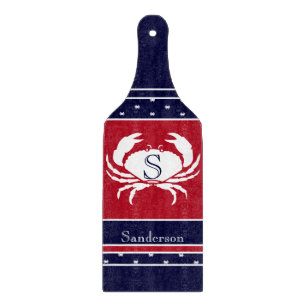 Monogrammed Red White Navy Blue Crab Nautical Cutting Board