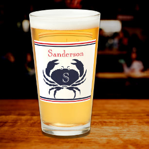 Monogrammed Red White Navy Blue Crab Nautical Glas Glass