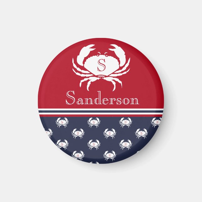 Monogrammed Red White Navy Blue Crab Nautical   Ma Magnet (Front)