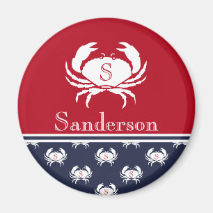 Monogrammed Red White Navy Blue Crab Nautical   Magnet
