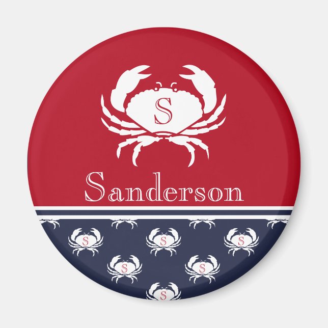 Monogrammed Red White Navy Blue Crab Nautical   Magnet (Front)