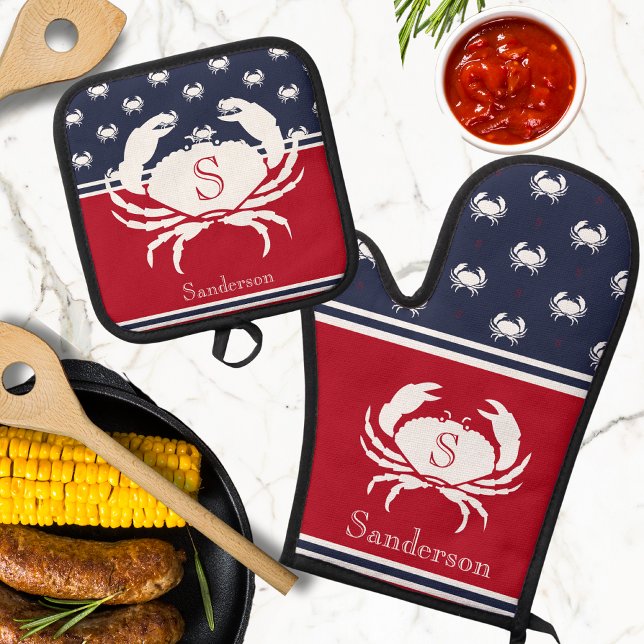 Monogrammed Red White Navy Blue Crab Nautical Oven Mitt & Pot Holder Set (Creator Uploaded)