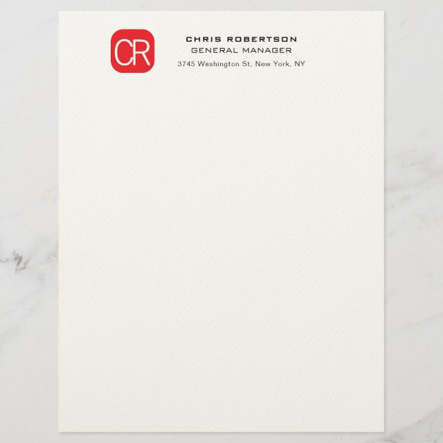 Monogrammed Red White Professional Plain Custom Letterhead (Front)