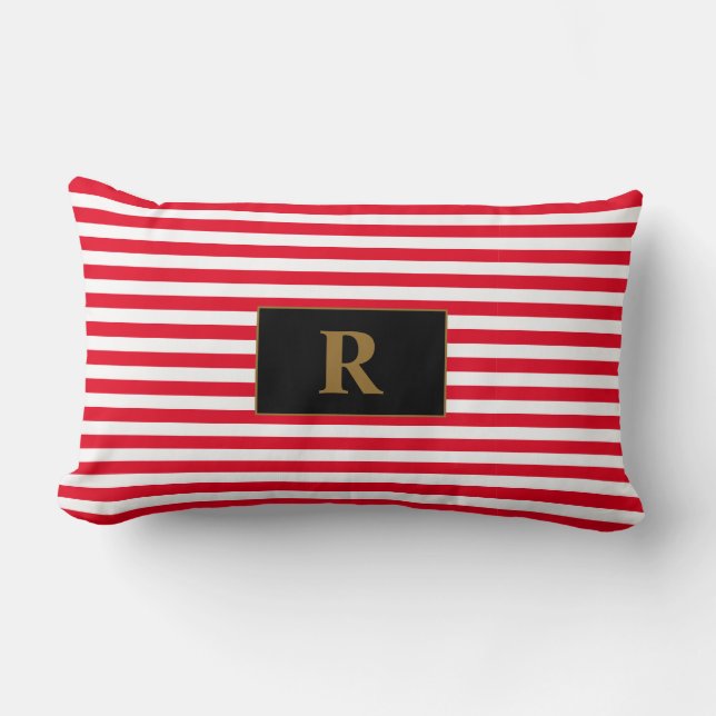 Monogrammed Red/White Stripes Lumbar Pillow (Front)