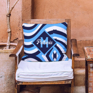 Monogrammed retro 70s Navy Blue Teal psychedelic Cushion