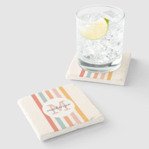 Monogrammed Retro Colorful Stripes Personalized Stone Coaster