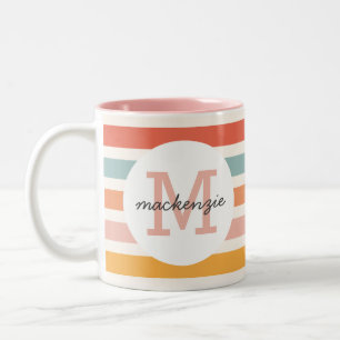 Monogrammed Retro Colorful Stripes Personalized Two-Tone Coffee Mug