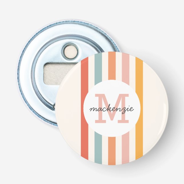 Monogrammed Retro Colourful Stripes Personalised Bottle Opener (Front)