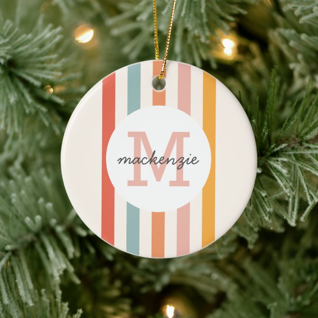 Monogrammed Retro Colourful Stripes Personalised Ceramic Ornament (Tree)