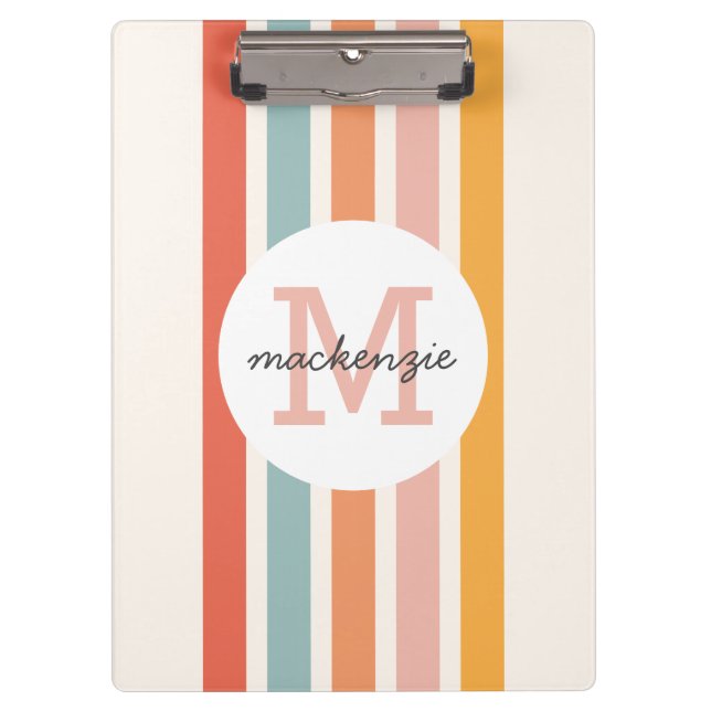 Monogrammed Retro Colourful Stripes Personalised Clipboard (Front)