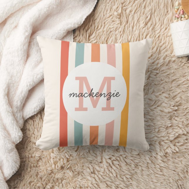 Monogrammed Retro Colourful Stripes Personalised Cushion (Blanket)