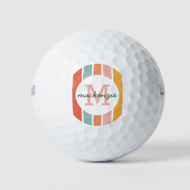 Monogrammed Retro Colourful Stripes Personalised Golf Balls (Front)