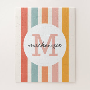 Monogrammed Retro Colourful Stripes Personalised Jigsaw Puzzle