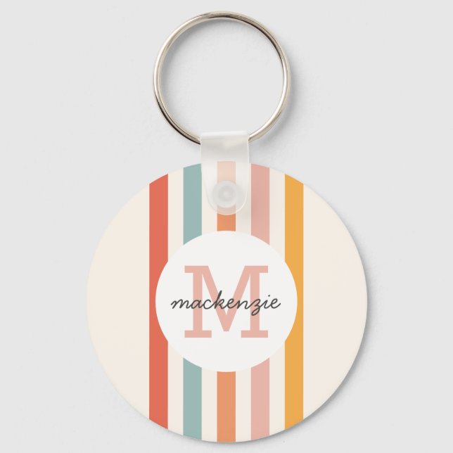Monogrammed Retro Colourful Stripes Personalised Key Ring (Front)
