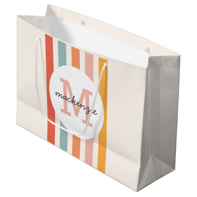 Monogrammed Retro Colourful Stripes Personalised Large Gift Bag (Front Angled)
