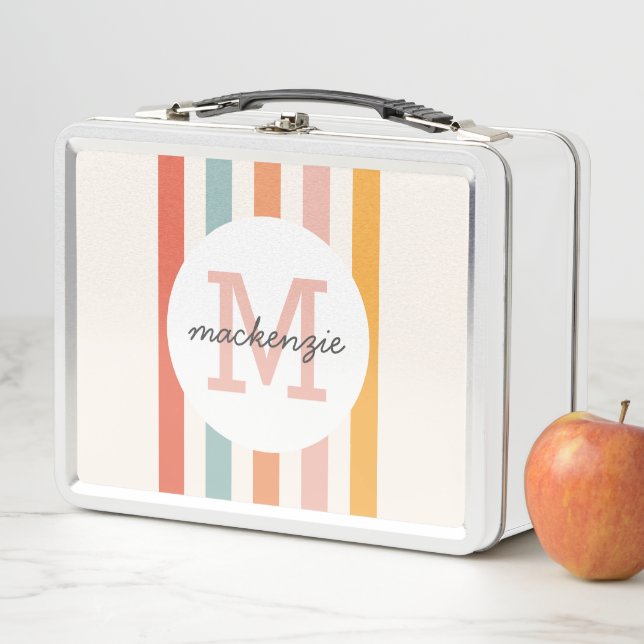 Monogrammed Retro Colourful Stripes Personalised Metal Lunch Box (In Situ)