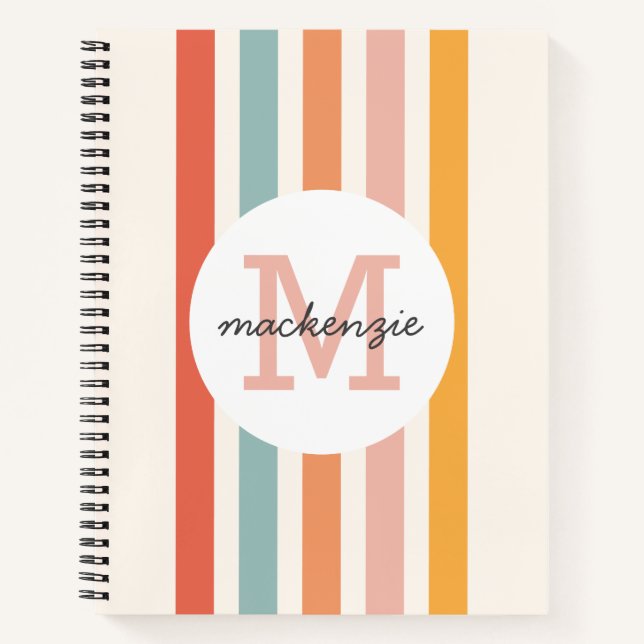Monogrammed Retro Colourful Stripes Personalised Notebook (Front)