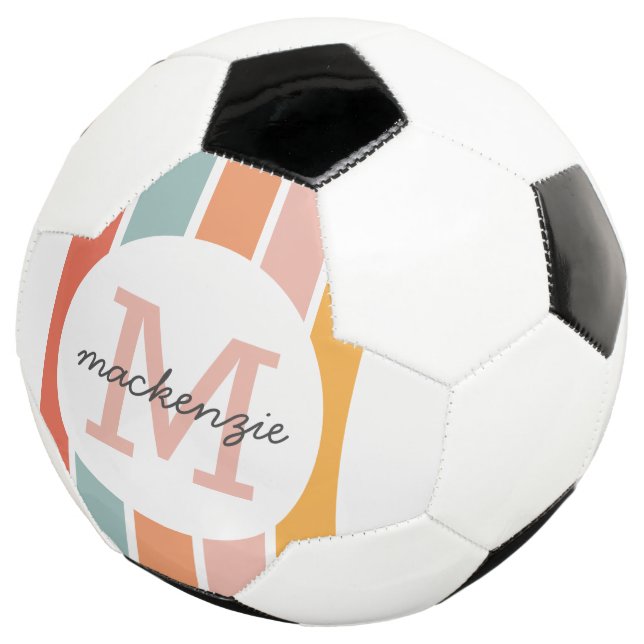 Monogrammed Retro Colourful Stripes Personalised Soccer Ball (Three Quarter)