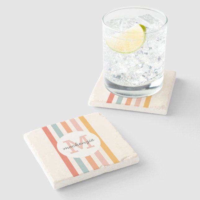 Monogrammed Retro Colourful Stripes Personalised Stone Coaster (Side)
