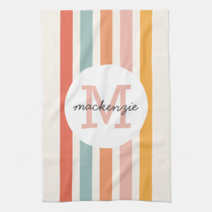 Monogrammed Retro Colourful Stripes Personalised Tea Towel