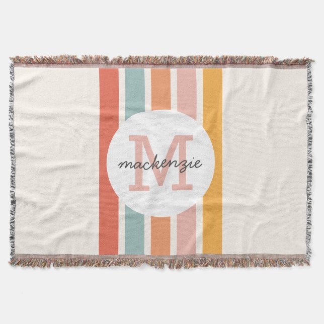 Monogrammed Retro Colourful Stripes Personalised Throw Blanket (Front)