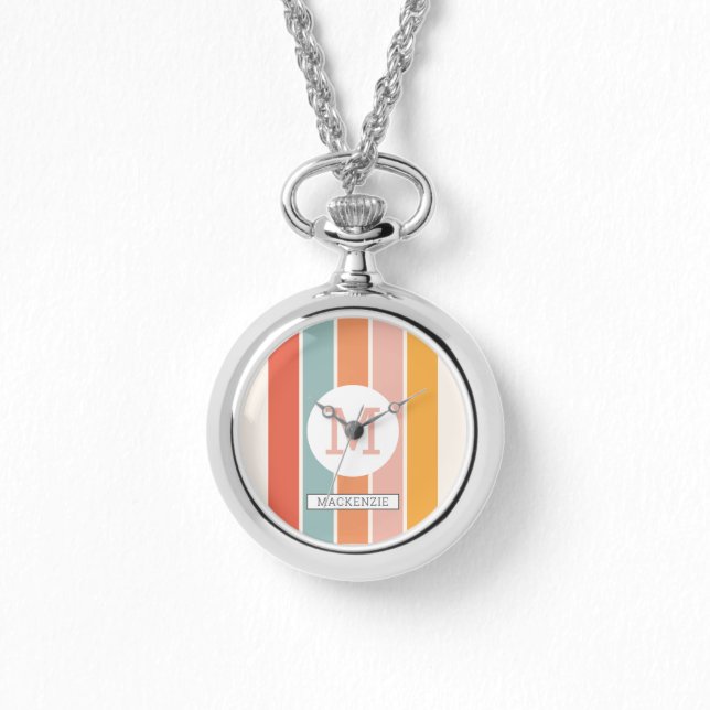 Monogrammed Retro Colourful Stripes Personalised Watch (Front)