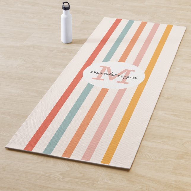 Monogrammed Retro Colourful Stripes Personalised Yoga Mat (In Situ)