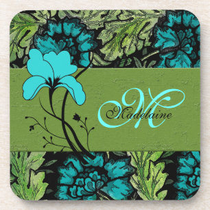 Monogrammed Retro Floral Green and Turquoise Blue Coaster