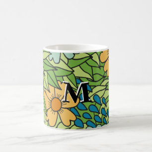 Monogrammed Retro Flowers Large Scale Multicolored Coffee Mug