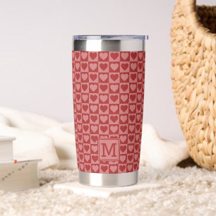 Monogrammed Retro Red and Pink Heart Pattern Insulated Tumbler