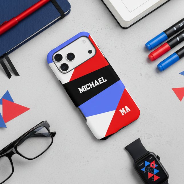 Monogrammed Retro Red Blue Geometric Abstract (Creator Uploaded)