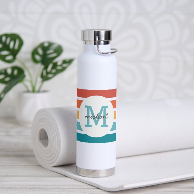 Monogrammed Retro Stripes Personalised Water Bottle (Yoga)