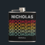 Monogrammed Retro Style Groomsmen Wedding Hip Flask<br><div class="desc">Get groovy with our Retro Stack Groomsmen Flask! This funky flask features the word 'GROOMSMEN' in a stacked, layered text design, reminiscent of 70s retro style, with vibrant hues of red, orange, yellow, light green, and darker green. Above the stacked text, a cool white template name adds a touch of...</div>